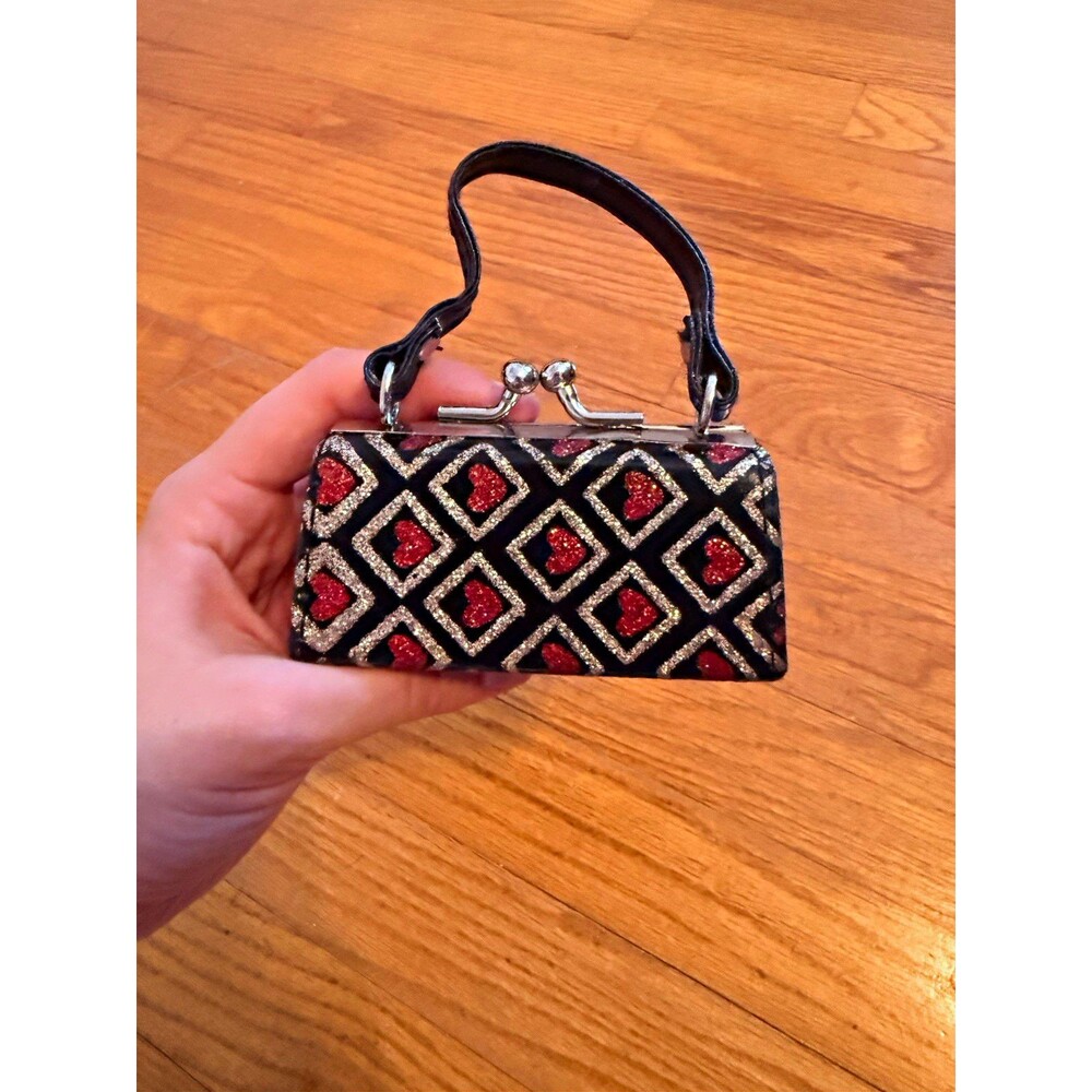 Vintage Mini Black Red Gold Glitter Heart Kiss Lock Wristlet Clutch Purse Retro